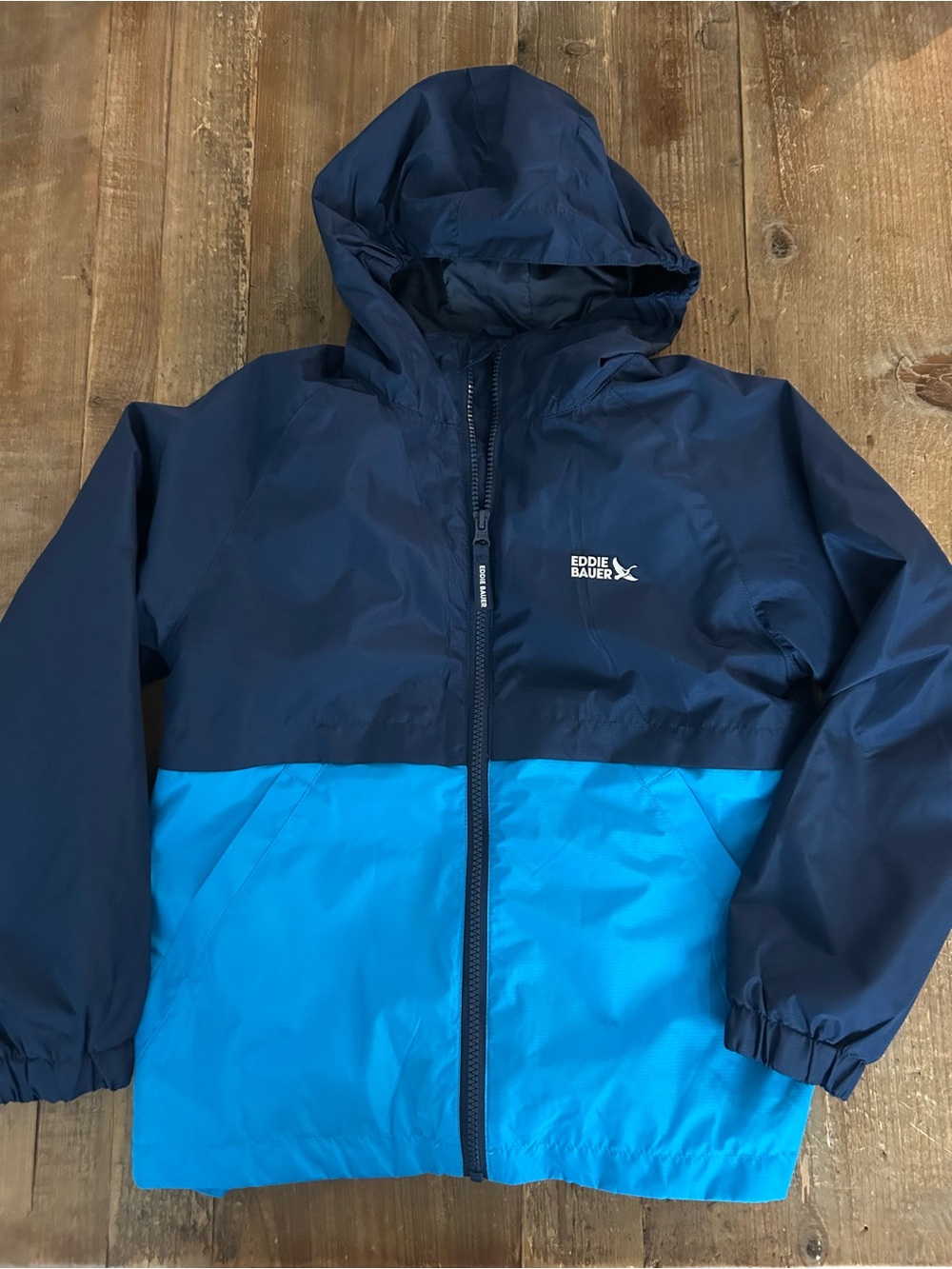 Eddie Bauer Winter Coat Navy & Blue Hooded Fleece Lined Jacket Boys' Small (7/8)